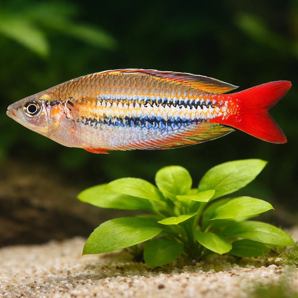 Red-Striped Splendid Rainbow — tropical fish for sale UK — AI scale plant view