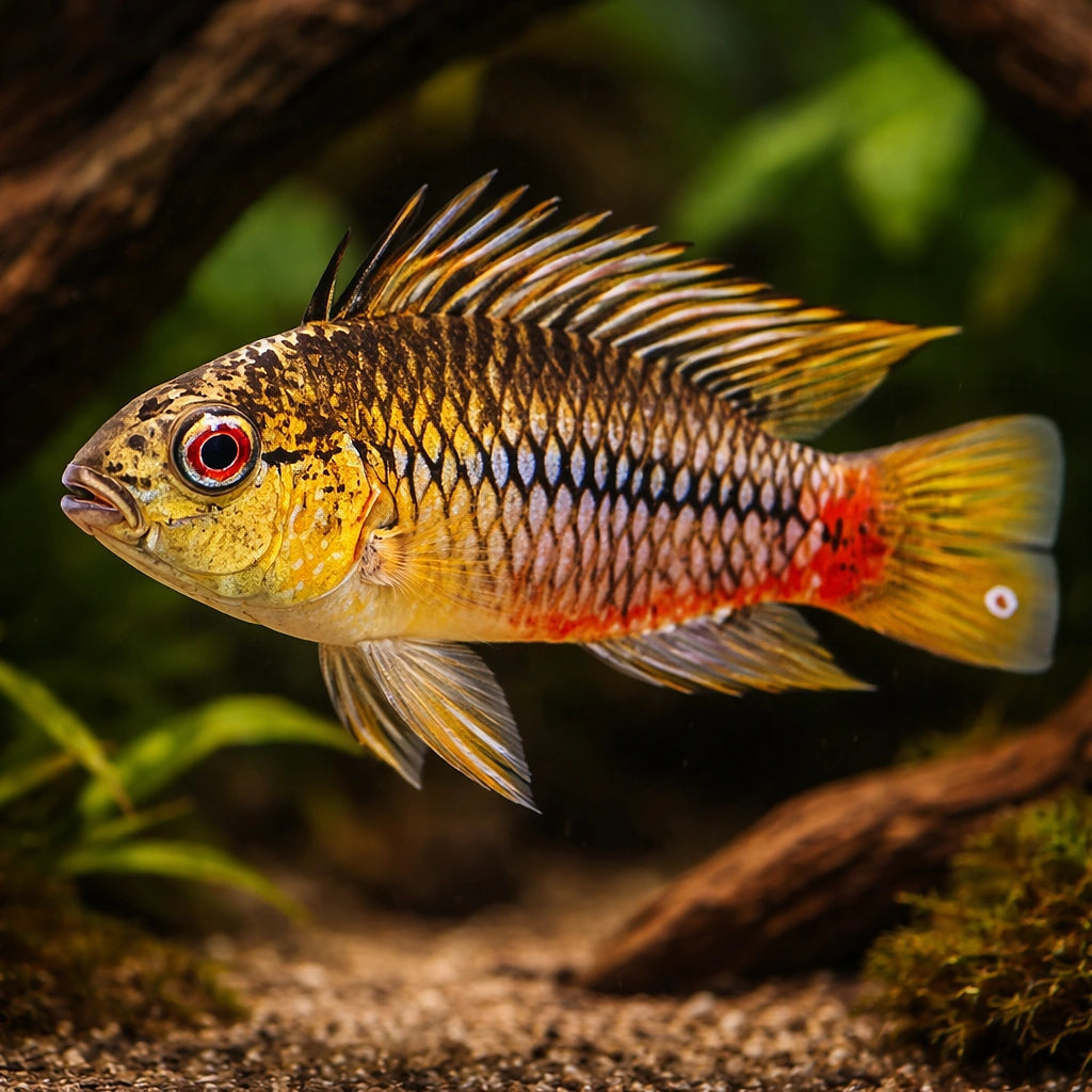 Red stroke Dwarf Cichlid — tropical fish for sale UK — AI hero driftwood view