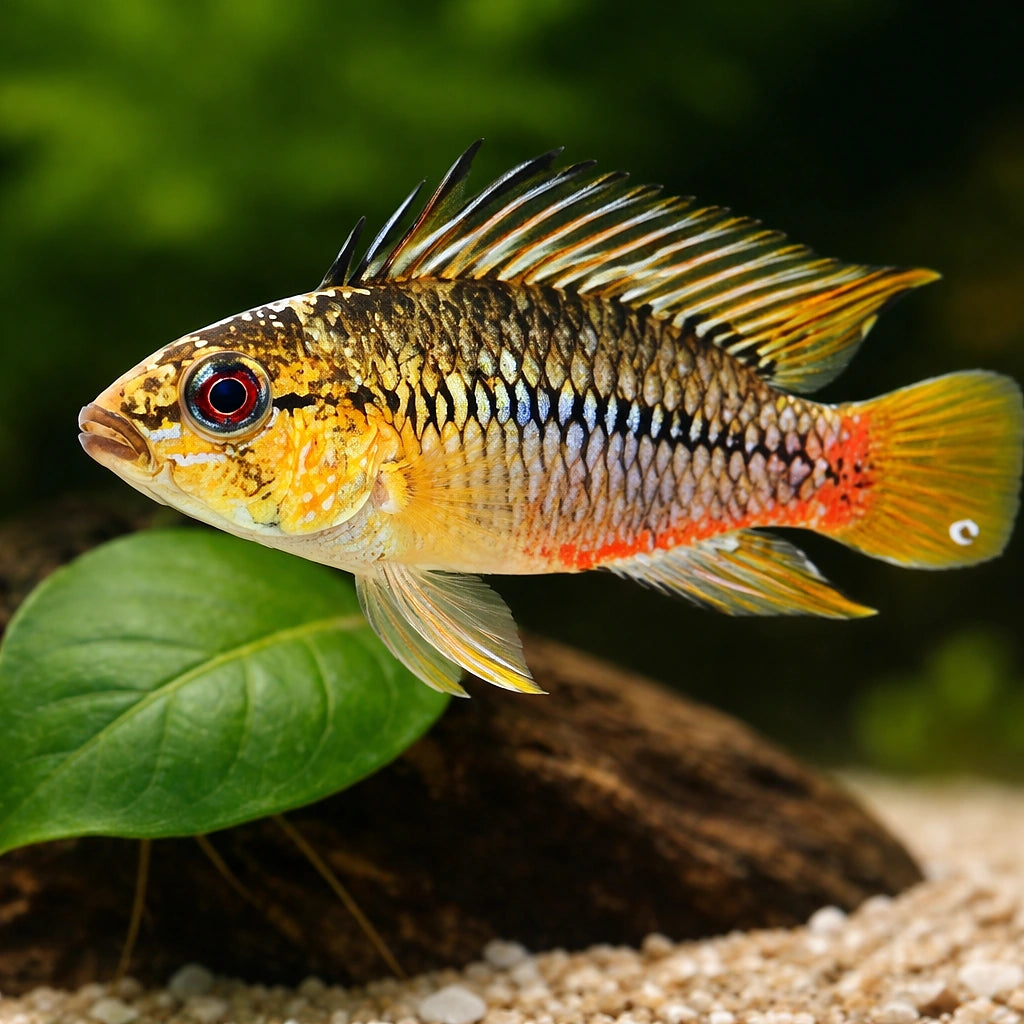 Red stroke Dwarf Cichlid — tropical fish for sale UK — AI scale plant view