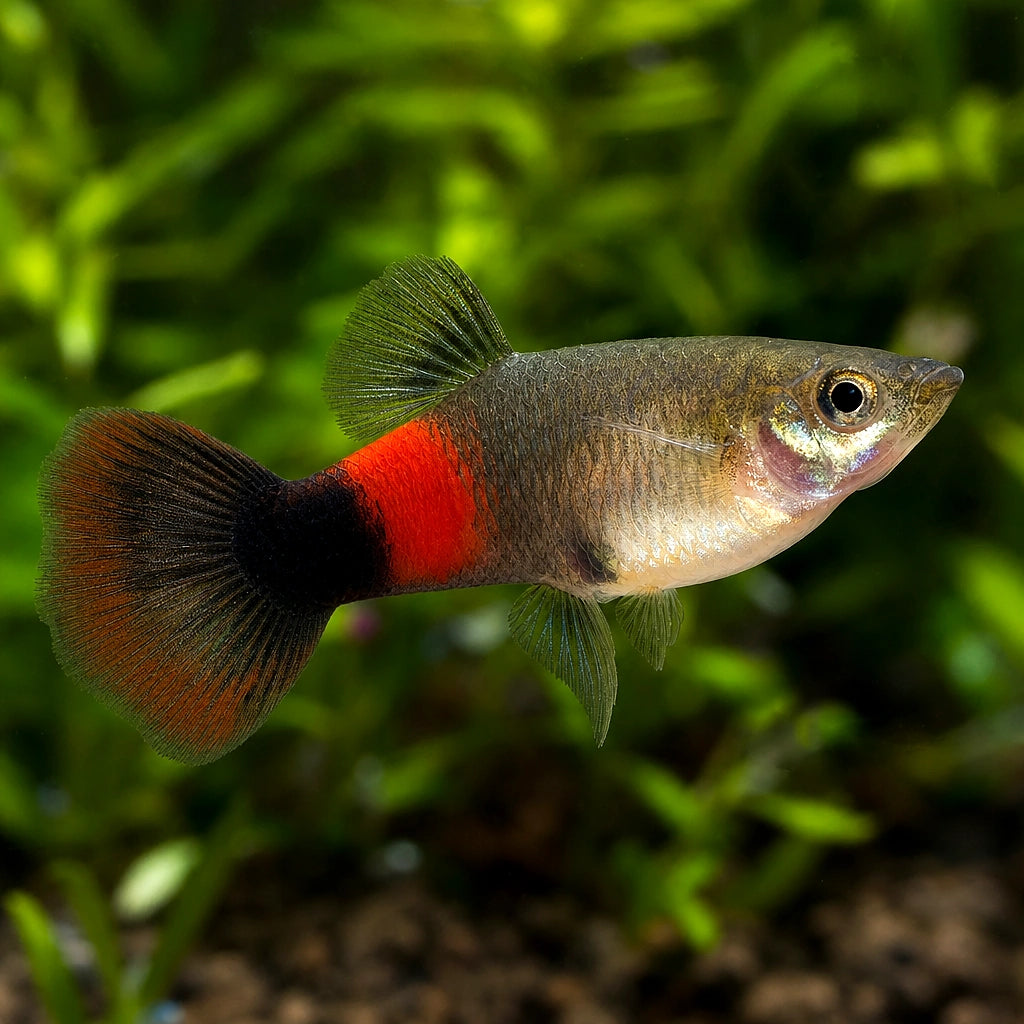 Red Tuxedo Guppy Female (Poecilia reticulata) — AI natural aquarium view