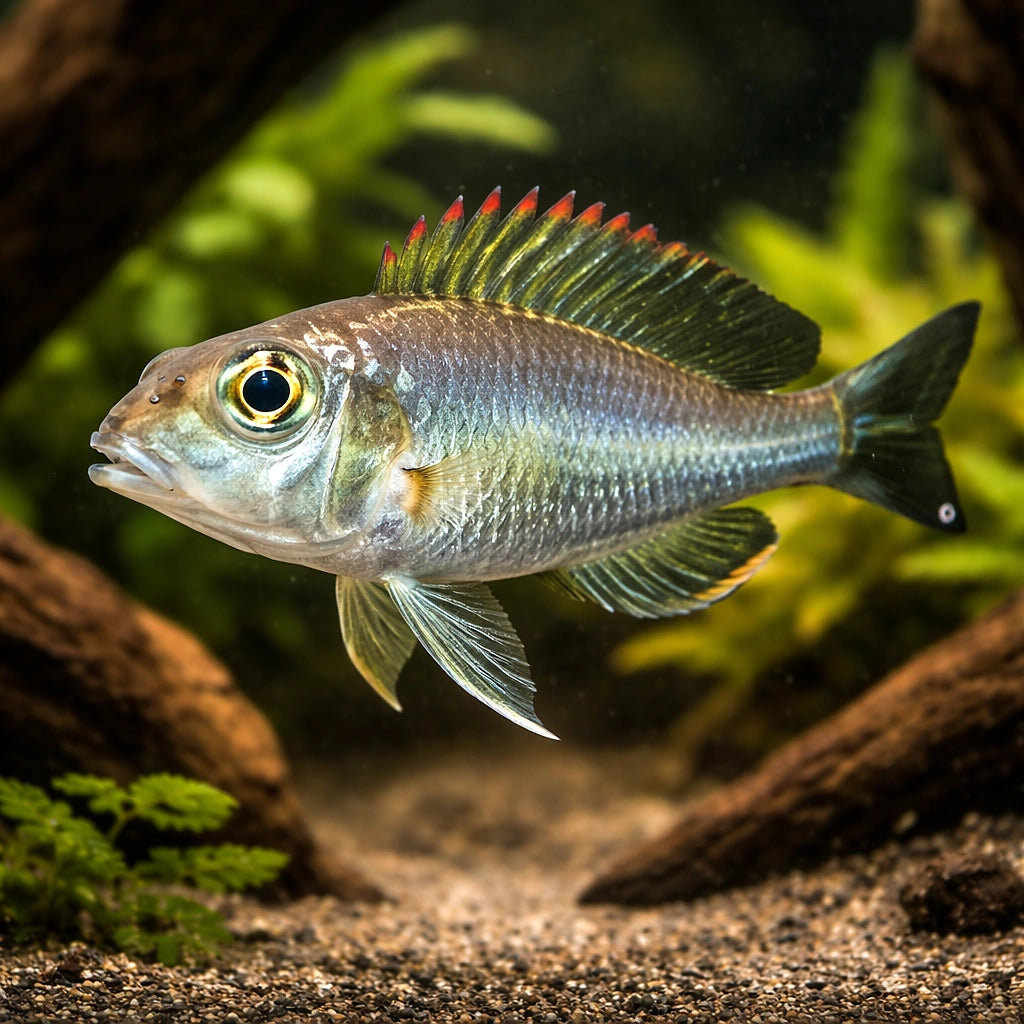 Redspot utinta Callochromis — tropical fish for sale UK — AI hero driftwood view