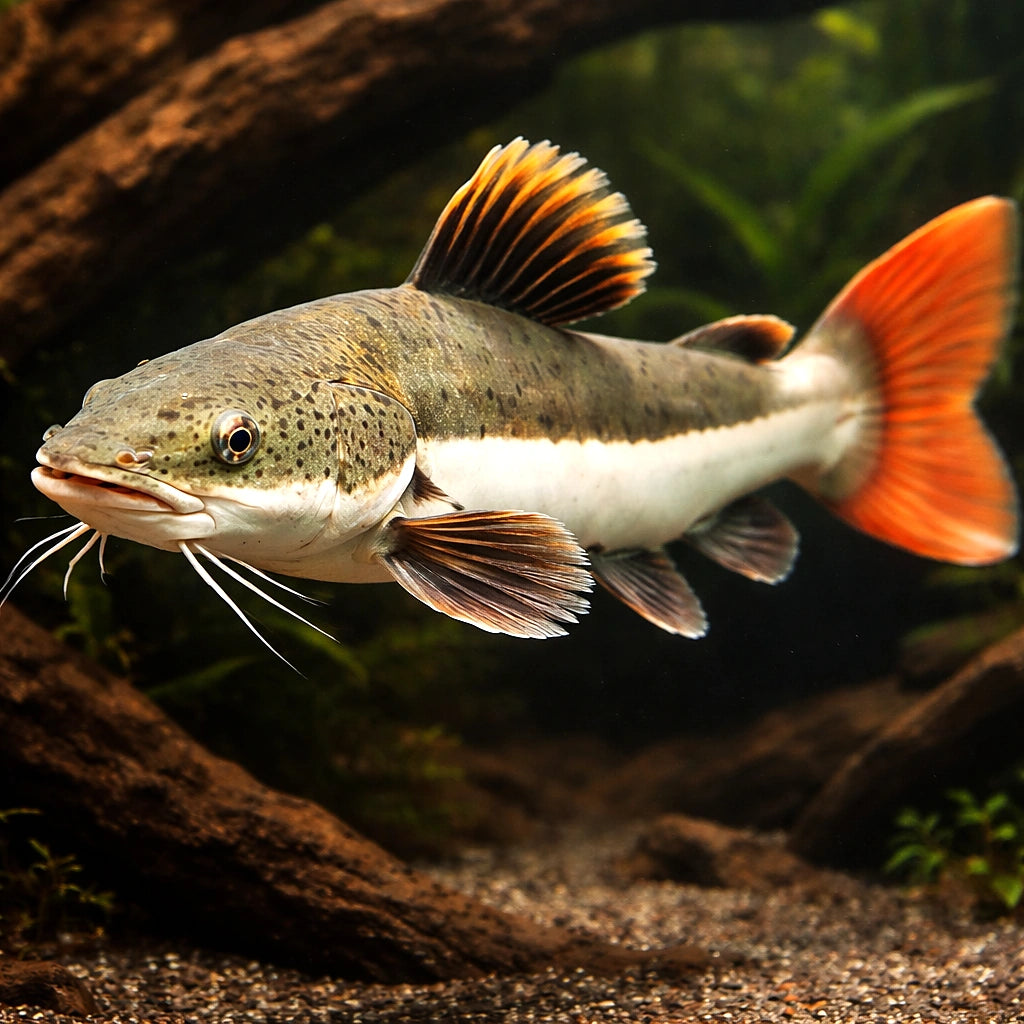 Redtail Catfish yellow tail — tropical fish for sale UK — AI hero driftwood view