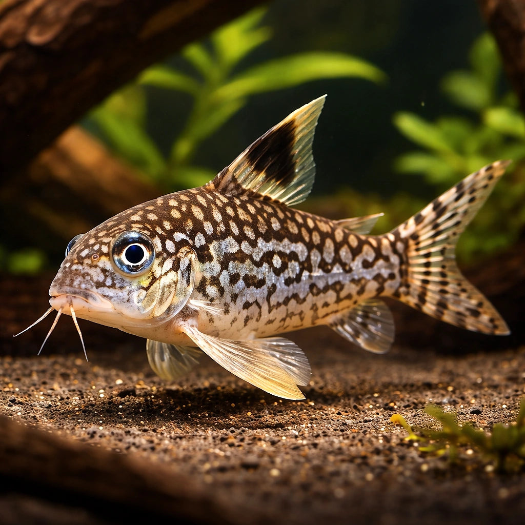 Reticulated corydoras — tropical fish for sale UK — AI hero driftwood view
