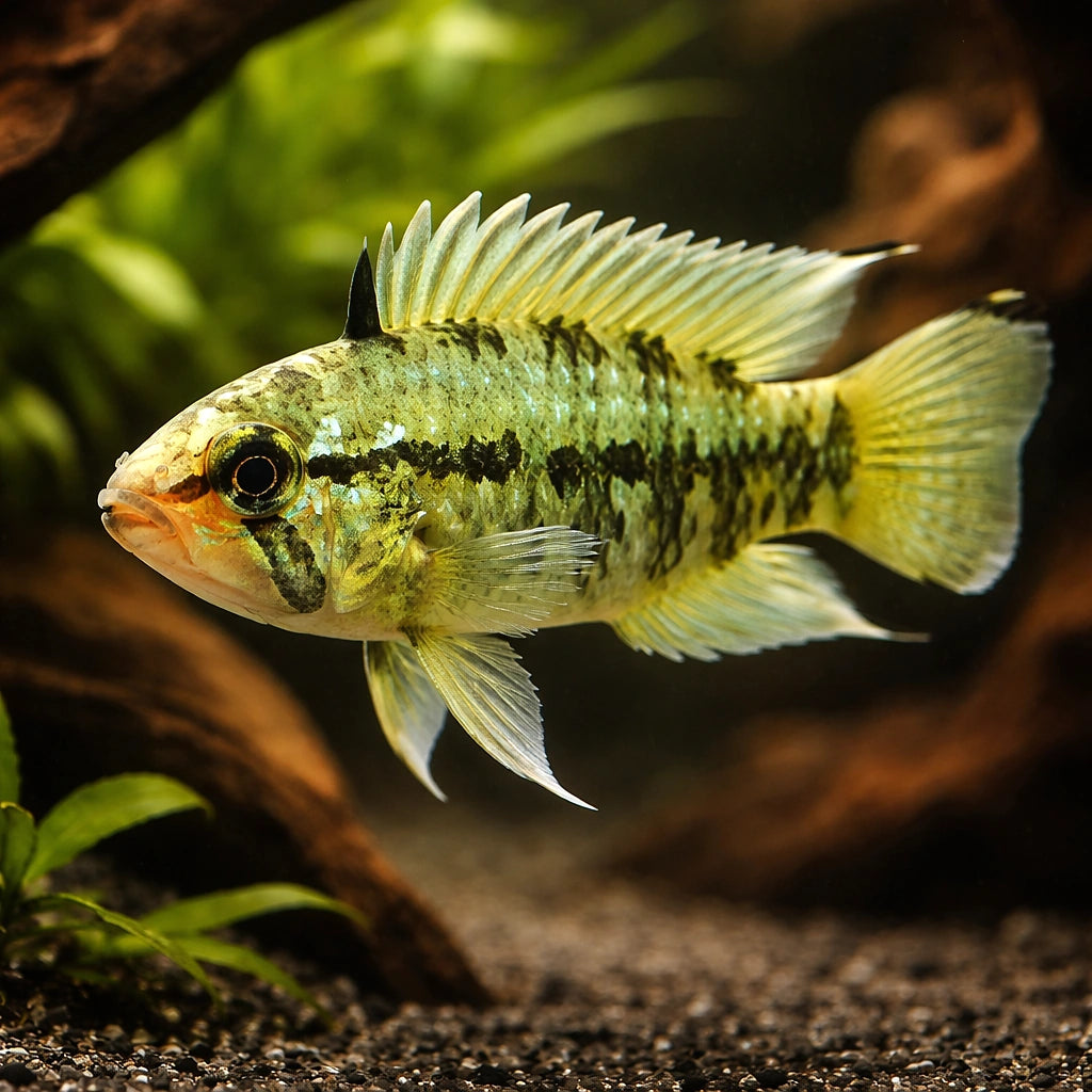 Reticulosa Dwarf Cichlid red mask — tropical fish for sale UK — AI hero driftwood view