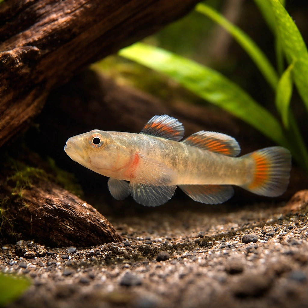 Rhinogobius red white edge 3 - — tropical fish for sale UK — AI hero driftwood view