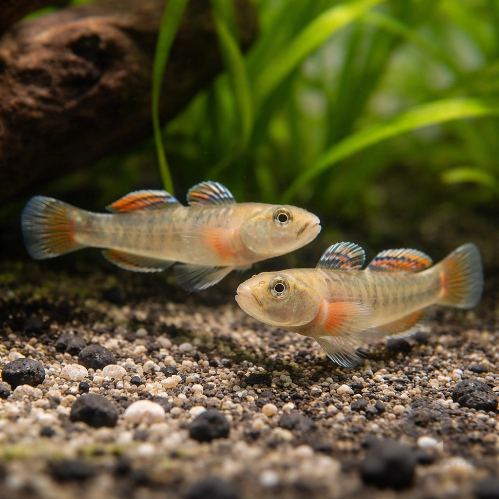 Rhinogobius red white edge 3 - — tropical fish for sale UK — AI pair planted view