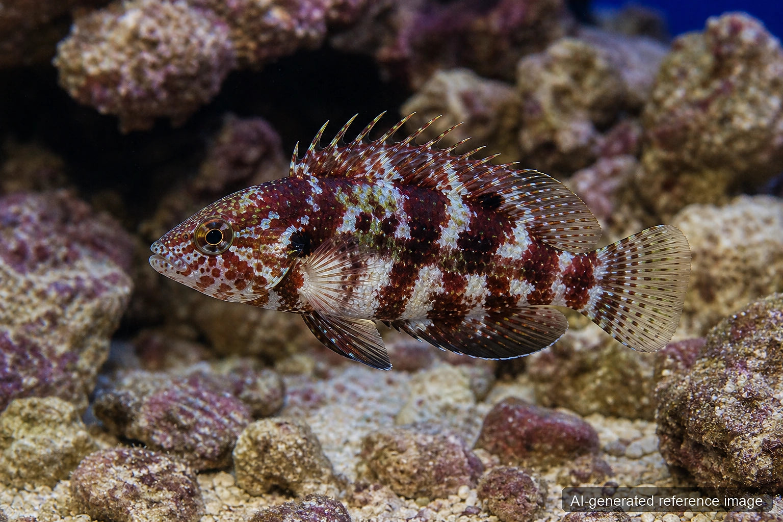 Juvenile Rockmover Wrasse Novaculichthys taeniourus with mottled reef-rubble camouflage - AI-generated reference image