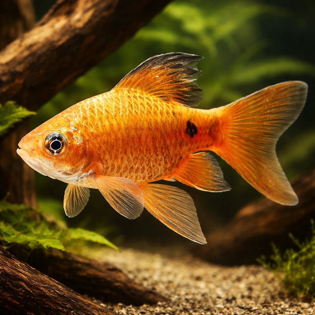 Rosy Barb Gold Long Fin — tropical fish for sale UK — AI hero driftwood view