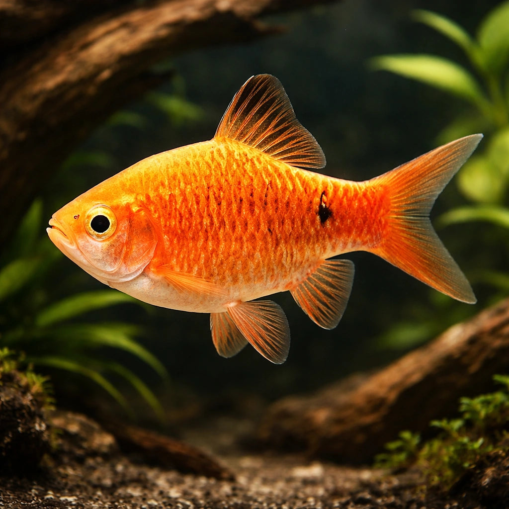 Rosy Barb Gold — tropical fish for sale UK — AI hero driftwood view