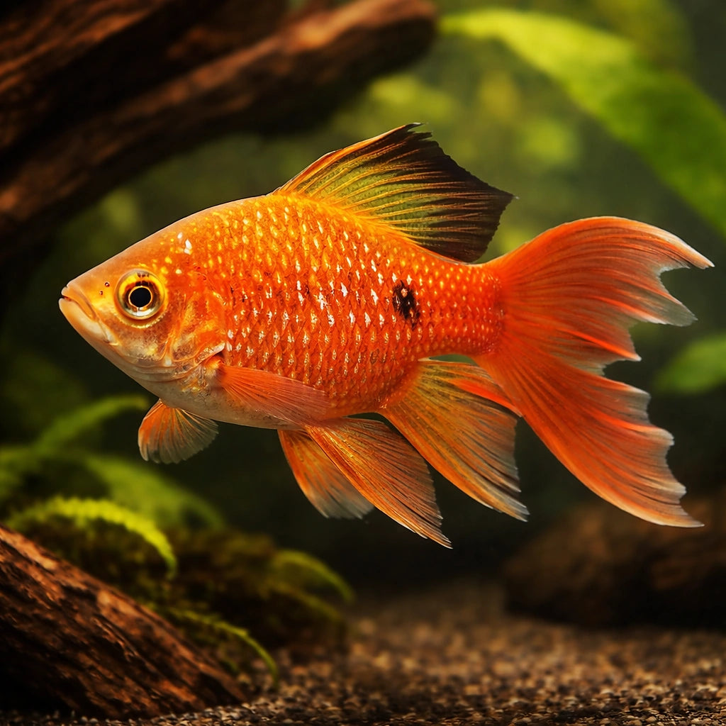 Rosy Barb Long Fin — tropical fish for sale UK — AI hero driftwood view