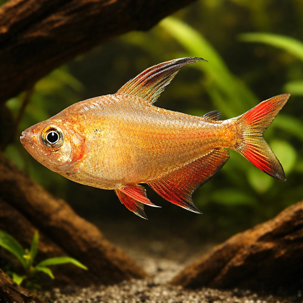 Rosy Tetra — tropical fish for sale UK — AI hero driftwood view