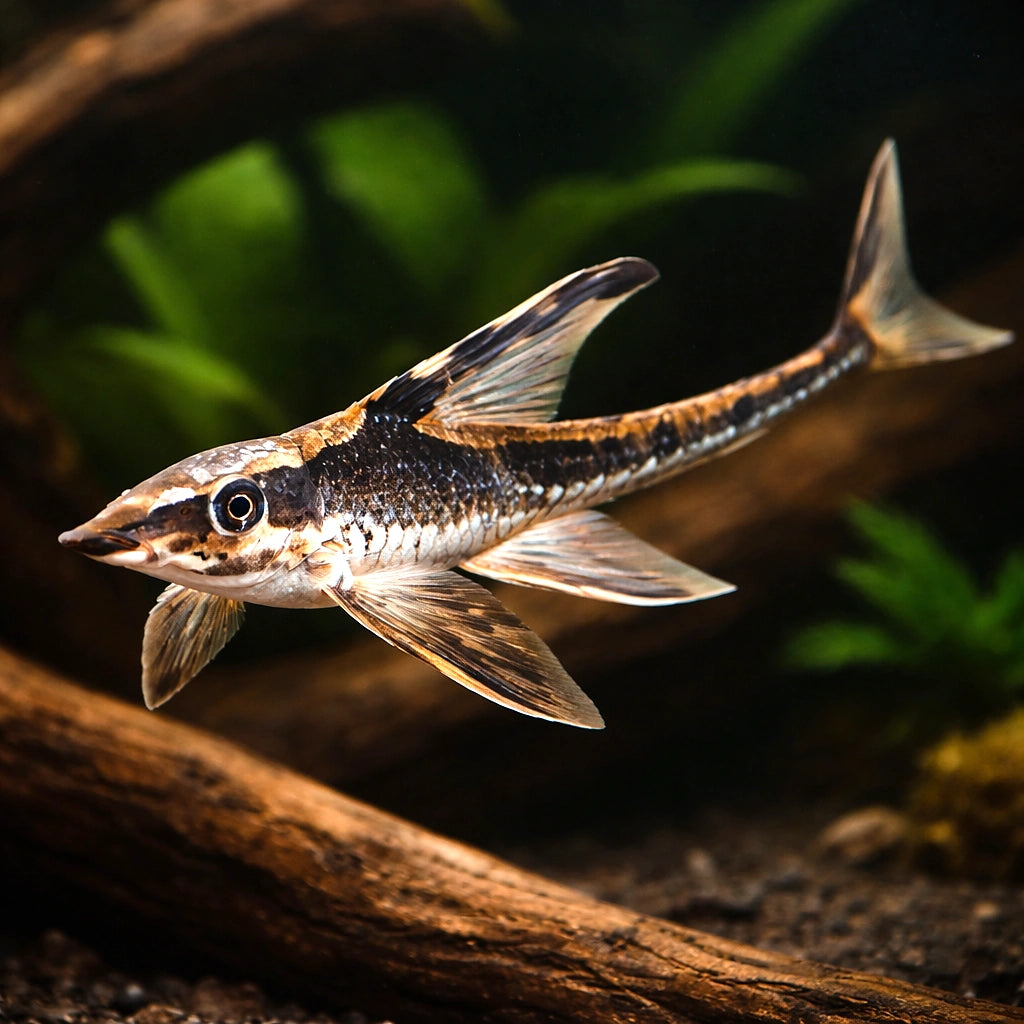 Royal Farowella, Royal Whip — tropical fish for sale UK — AI hero driftwood view