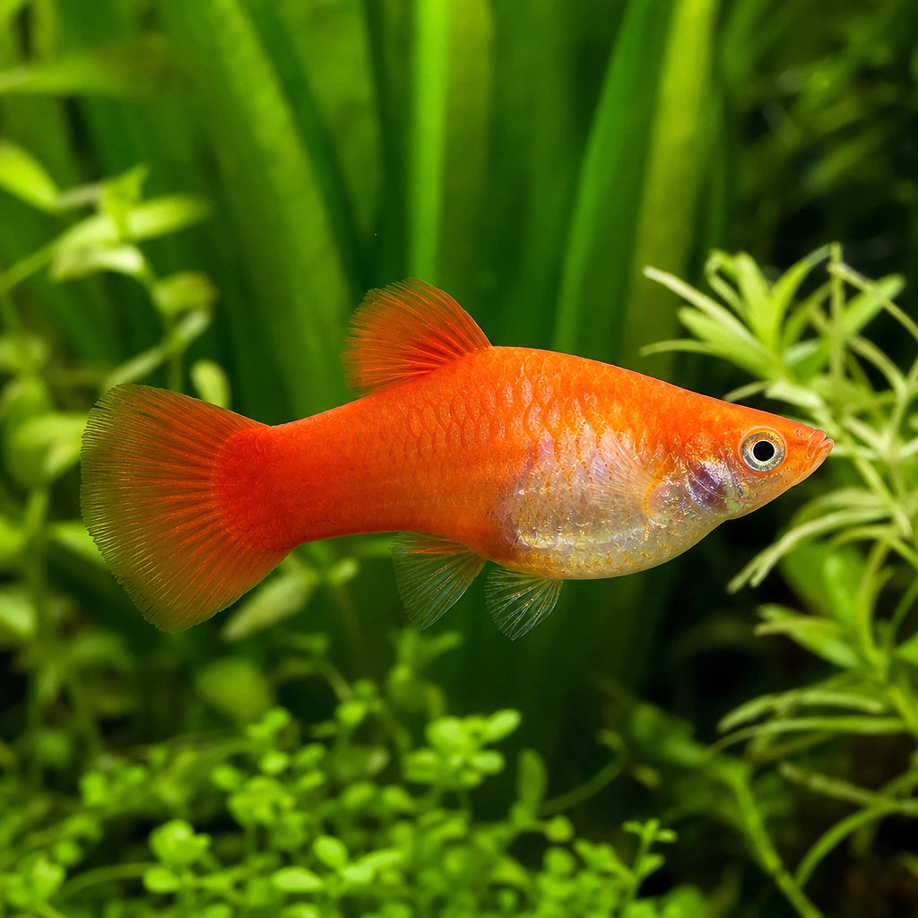 Royal Red Guppy Female (Poecilia reticulata) — AI natural aquarium view