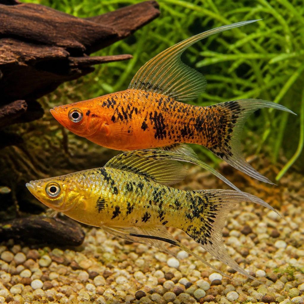 X Poecilia Sailfin Goldleopard Molly Mix Tropical Fish Tank, Vibrant Molly Fish Colors, Perfect Companions for Peaceful Community Aquariums with Aquarium Plants — for sale UK — AI natural aquarium view