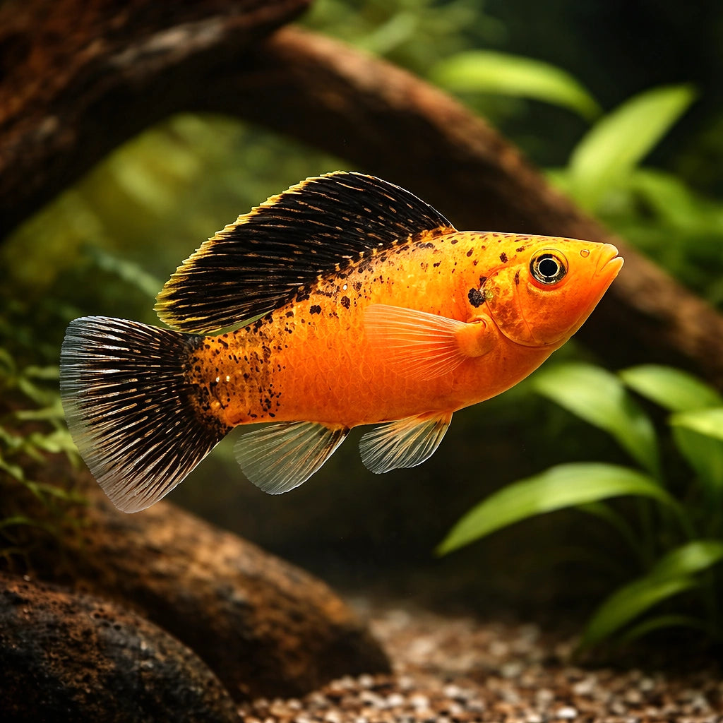 X Poecilia Sailfin Goldleopard Molly Mix Tropical Fish Tank, Vibrant Molly Fish Colors, Perfect Companions for Peaceful Community Aquariums with Aquarium Plants — for sale UK — AI hero driftwood view