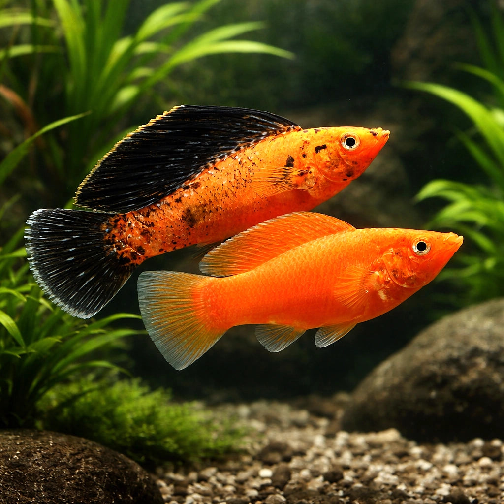 X Poecilia Sailfin Goldleopard Molly Mix Tropical Fish Tank, Vibrant Molly Fish Colors, Perfect Companions for Peaceful Community Aquariums with Aquarium Plants — for sale UK — AI pair planted view