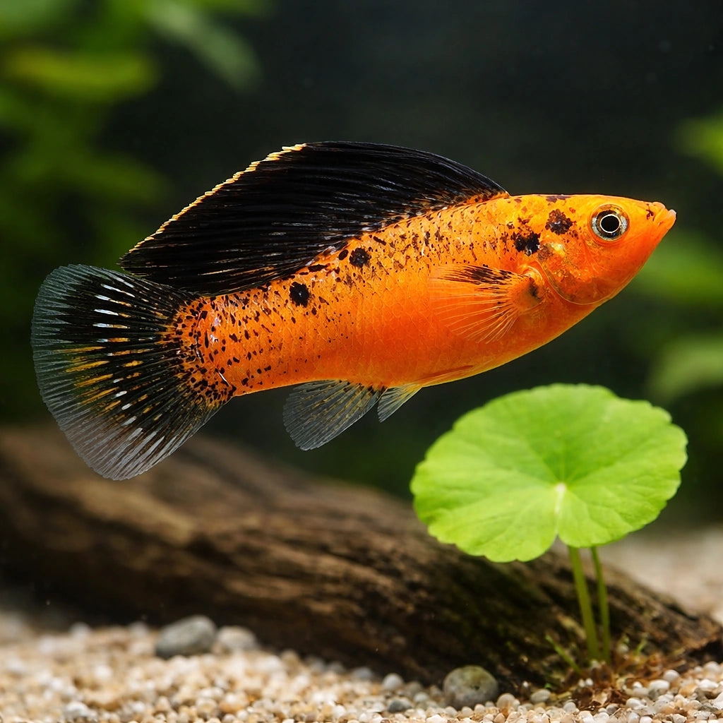 X Poecilia Sailfin Goldleopard Molly Mix Tropical Fish Tank, Vibrant Molly Fish Colors, Perfect Companions for Peaceful Community Aquariums with Aquarium Plants — for sale UK — AI scale plant view