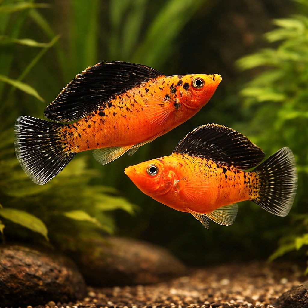 X Poecilia Sailfin Goldleopard Molly Mix Tropical Fish Tank, Vibrant Molly Fish Colors, Perfect Companions for Peaceful Community Aquariums with Aquarium Plants — for sale UK — AI pair planted view
