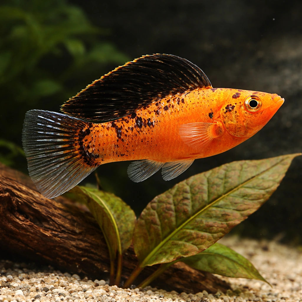 X Poecilia Sailfin Goldleopard Molly Mix Tropical Fish Tank, Vibrant Molly Fish Colors, Perfect Companions for Peaceful Community Aquariums with Aquarium Plants — for sale UK — AI scale plant view