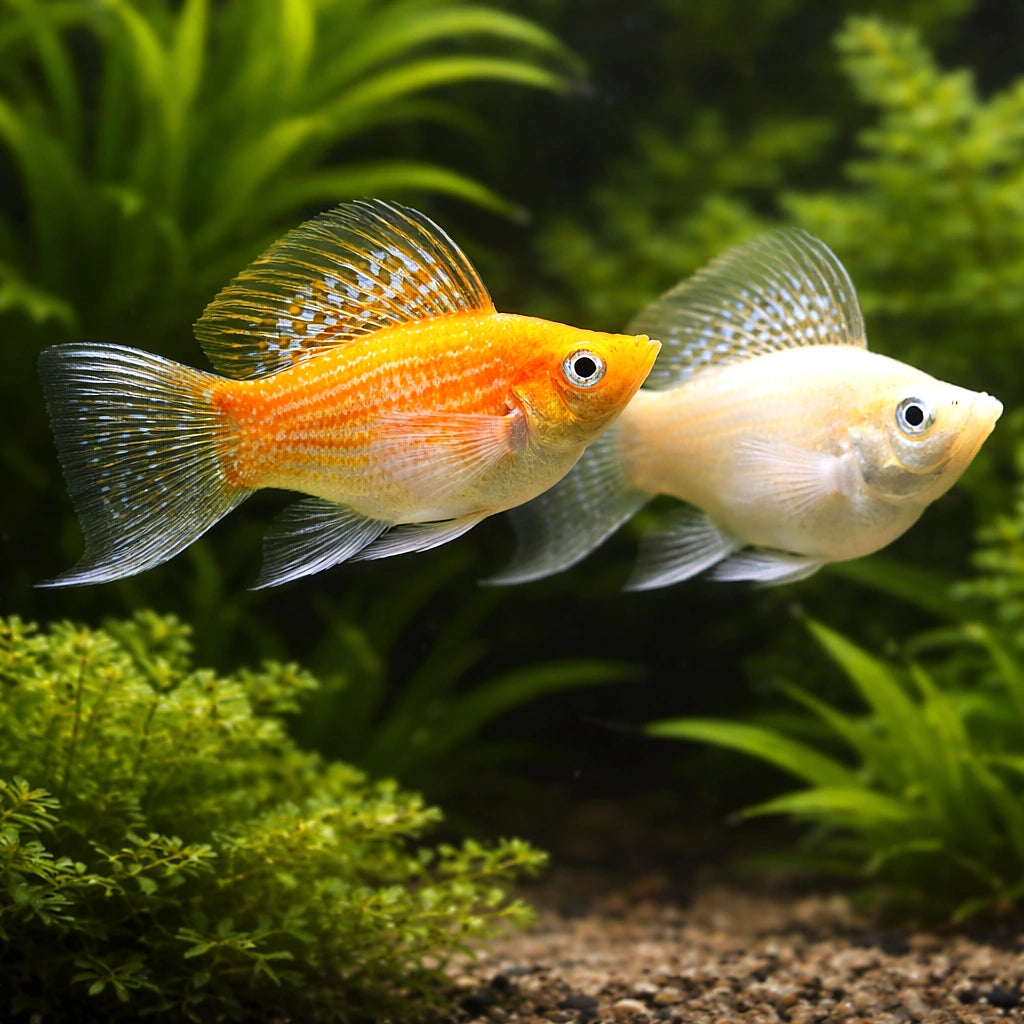 X Poecilia Latipinna / Ballon Molly Mix Tropical Fish Tank, Best Choices for Community Tanks, Offering Graceful Movement and Colorful Displays in Your Home Aquarium, Stunning Colors for Your Aquarium — for sale UK — AI pair planted view