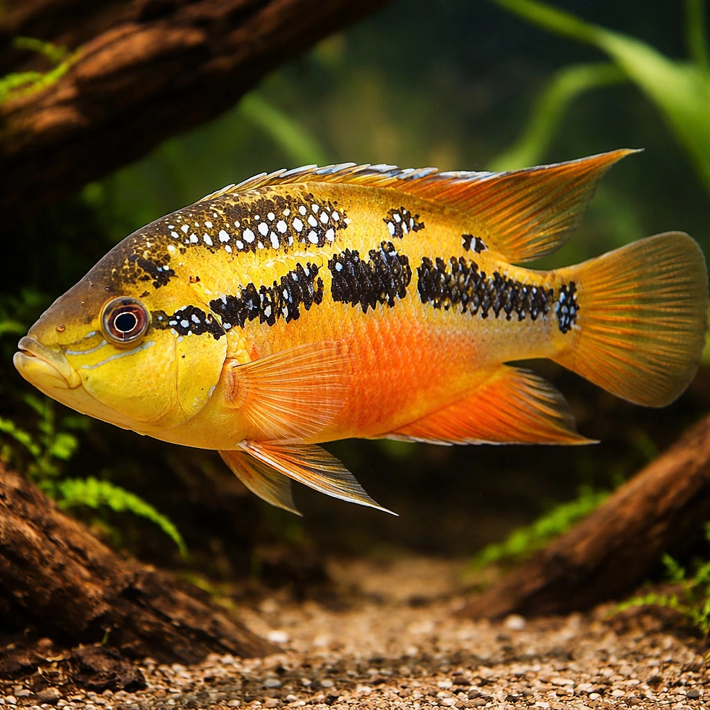 Salvins Cichlid — tropical fish for sale UK — AI hero driftwood view