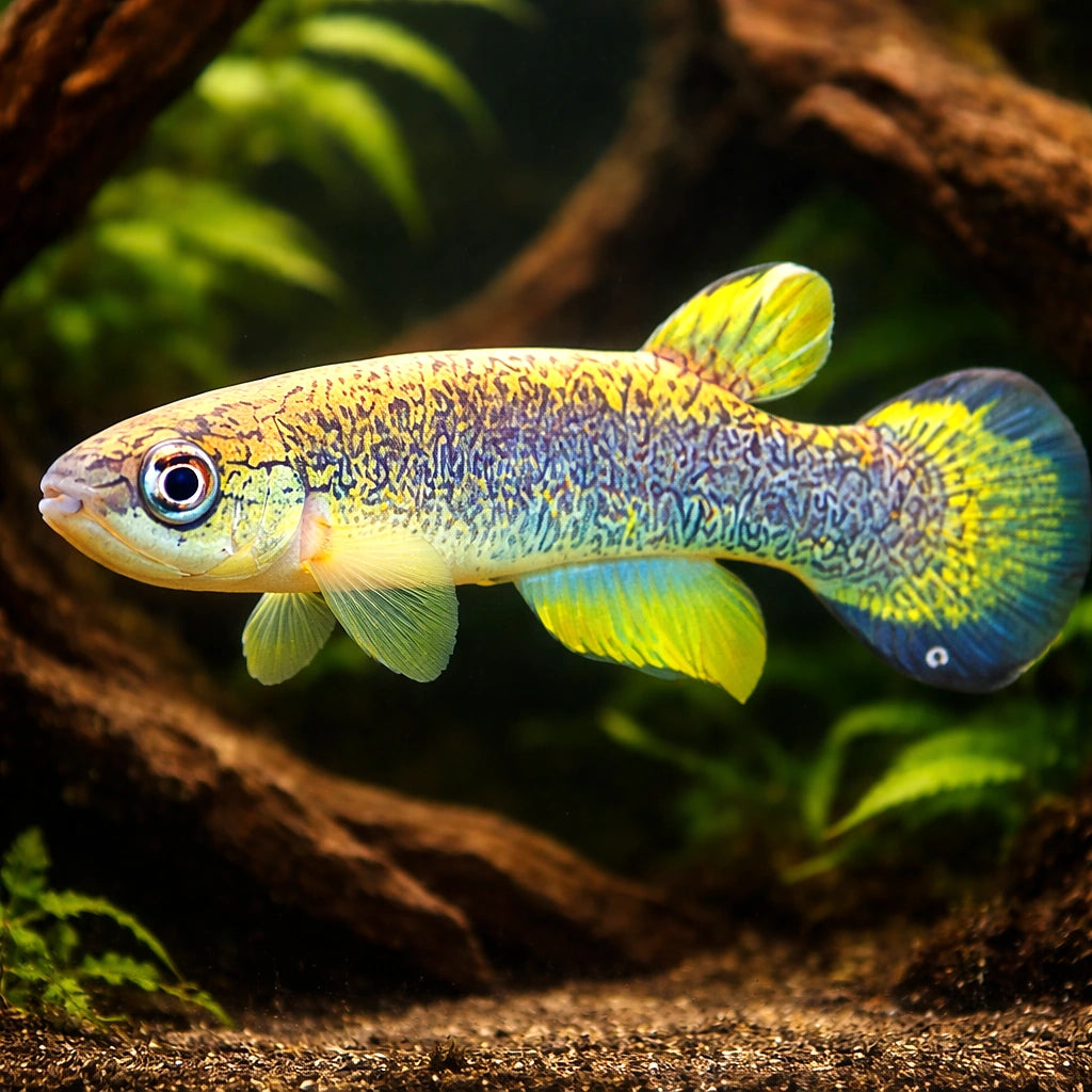 Santos Rivulus — tropical fish for sale UK — AI hero driftwood view