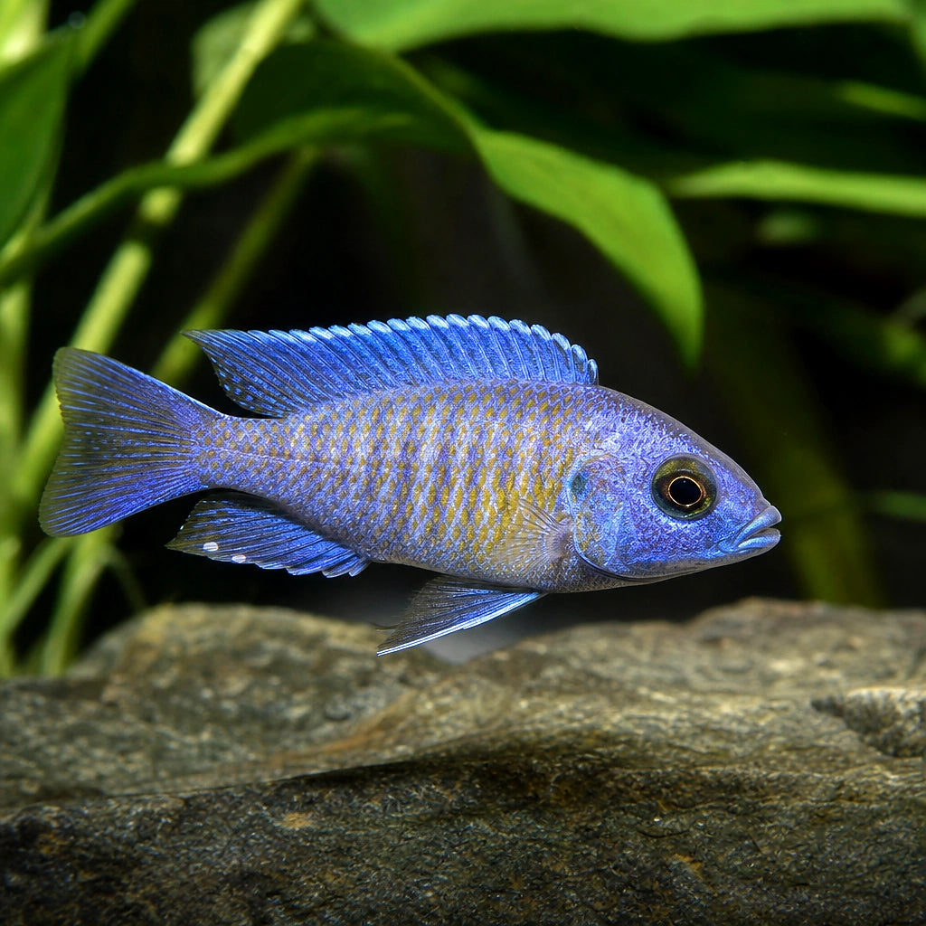 Sciaenochromis fire ahli 3-4 cm | Electric Blue Cichlid — AI natural aquarium view