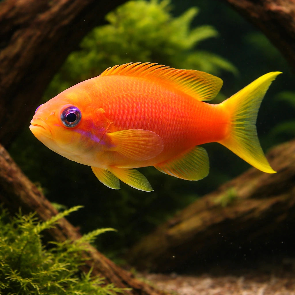 Sea Goldie Female M — tropical fish for sale UK — AI hero driftwood view