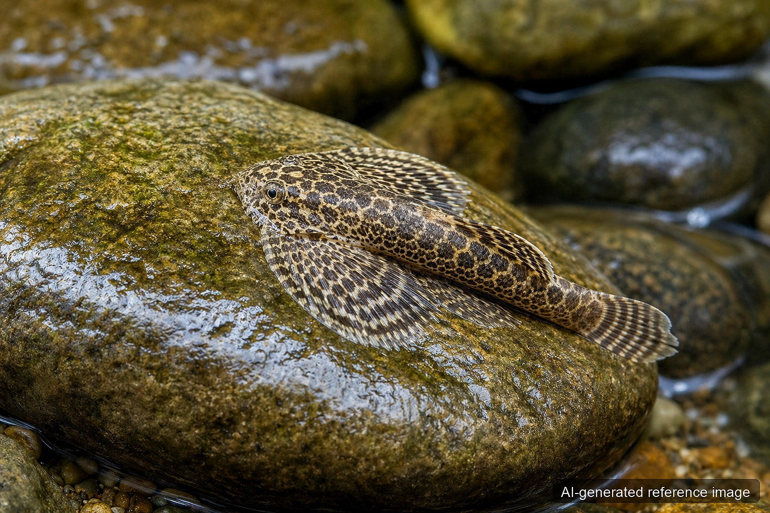 Sewellia breviventralis hillstream loach with flattened patterned body on river stone - AI-generated reference image