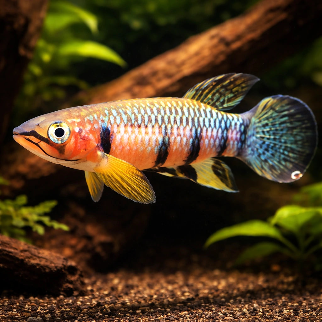 Seychelles Panchax, Playfai — tropical fish for sale UK — AI hero driftwood view