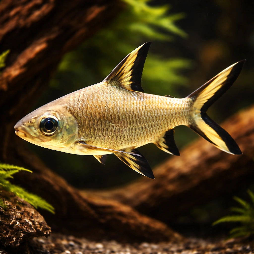 Silver Shark, Bala Shark — tropical fish for sale UK — AI hero driftwood view