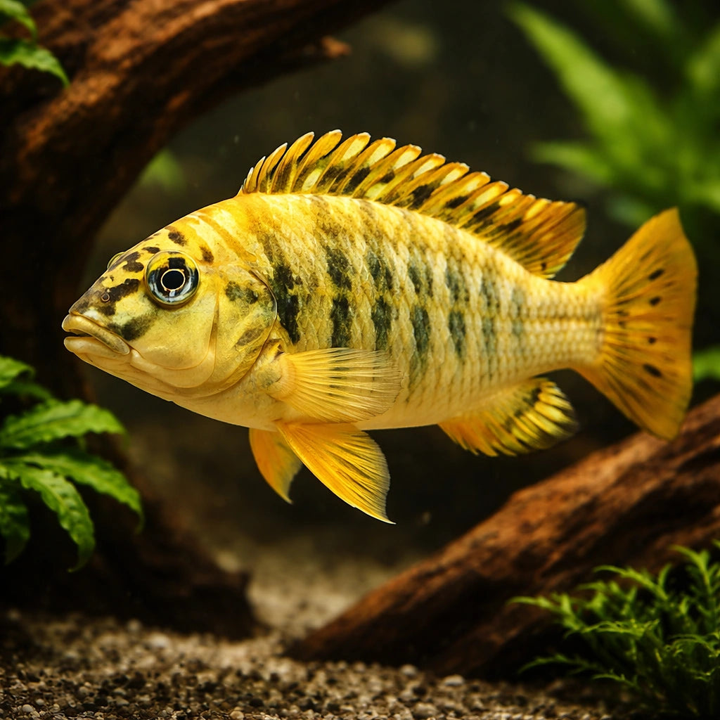 Simochromis babaulti yellow tiger 3,5 - 4, — tropical fish for sale UK — AI hero driftwood view