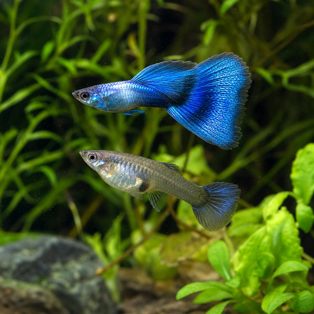 Singa Blue Delta Guppy Pair (Poecilia reticulata) — AI natural aquarium view