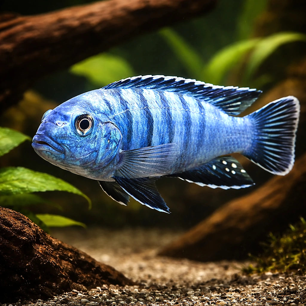 Slender Pseudotropheus Cobalt — tropical fish for sale UK — AI hero driftwood view