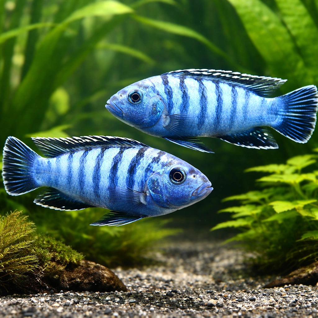 Slender Pseudotropheus Cobalt — tropical fish for sale UK — AI pair planted view