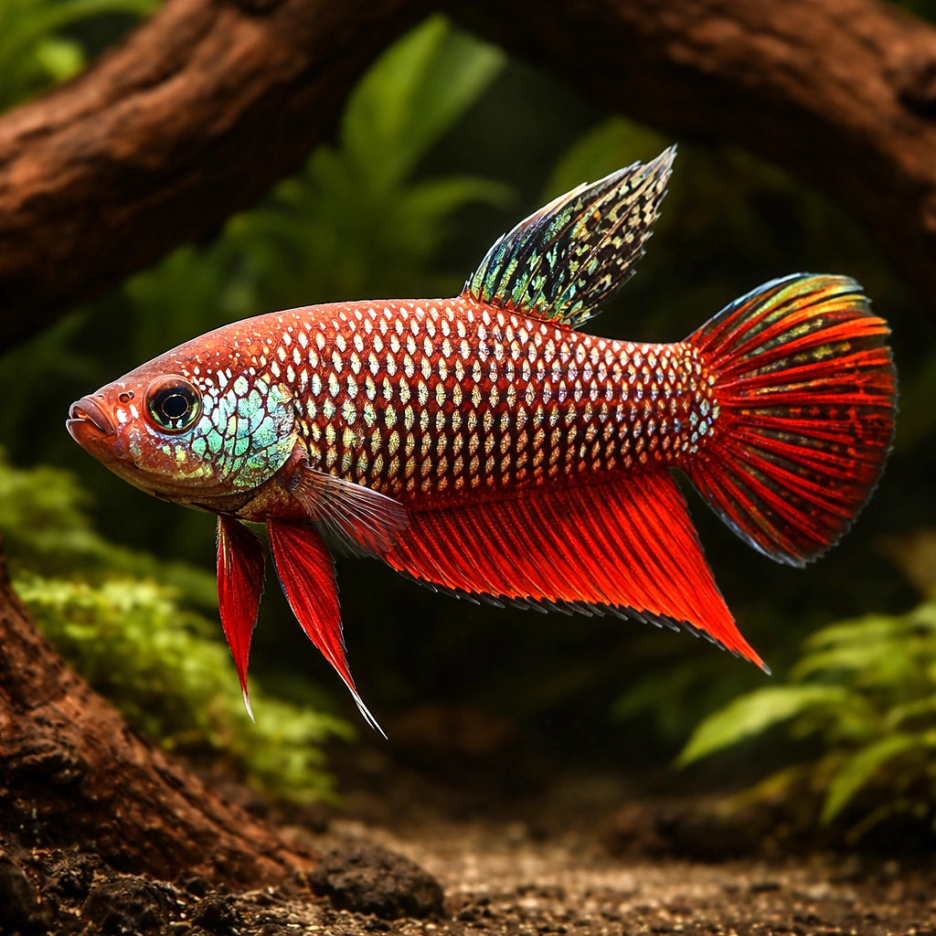 Smaragd Fighter, Emerald Betta — tropical fish for sale UK — AI hero driftwood view