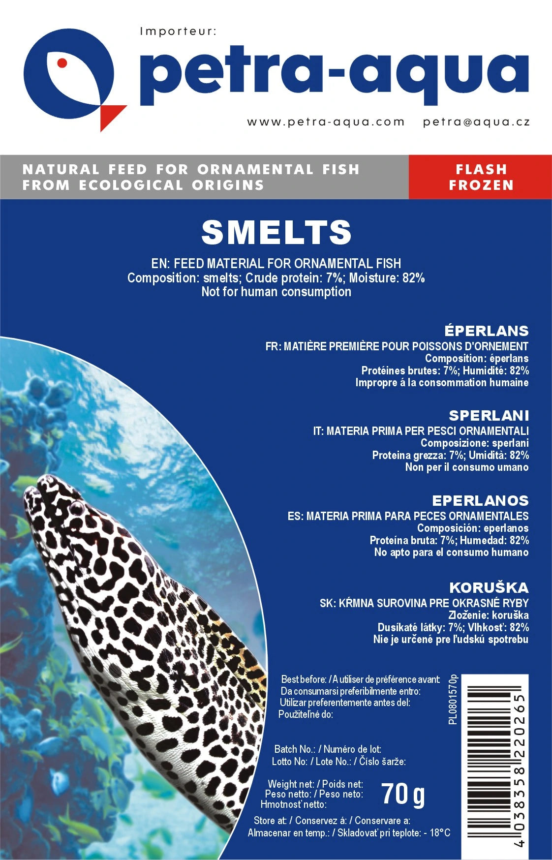 Petra Smelts frozen monotray 6 x 70g blister pack frozen fish food