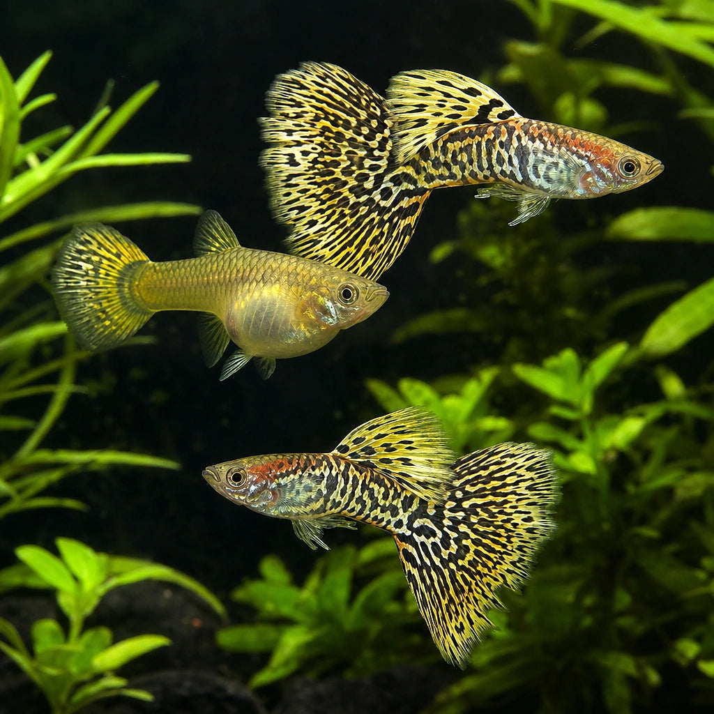 Snakeskin Koi Ribbon Guppy Trio (Poecilia reticulata) — AI natural aquarium view