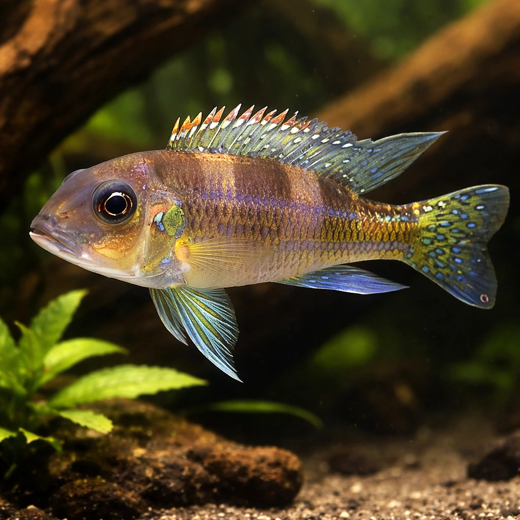 Spangled Cichlid — tropical fish for sale UK — AI hero driftwood view