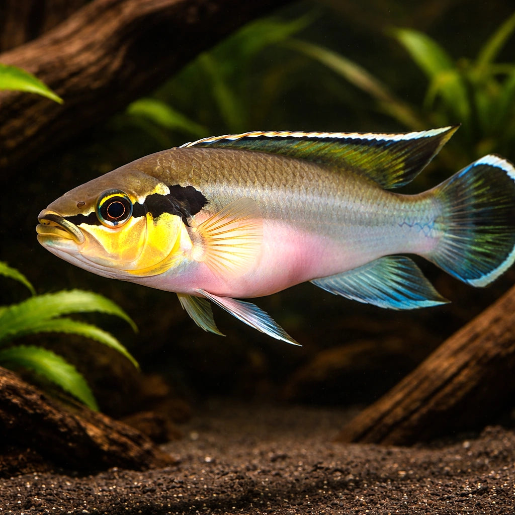 Spangled Pike Cichlid — tropical fish for sale UK — AI hero driftwood view