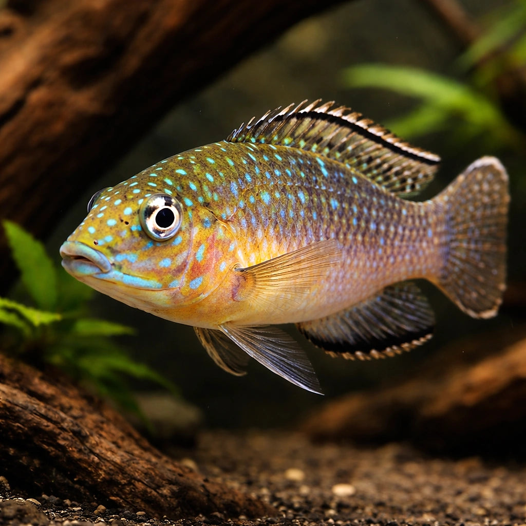 Spathodus ehrytrodon 3,5 - 4, — tropical fish for sale UK — AI hero driftwood view