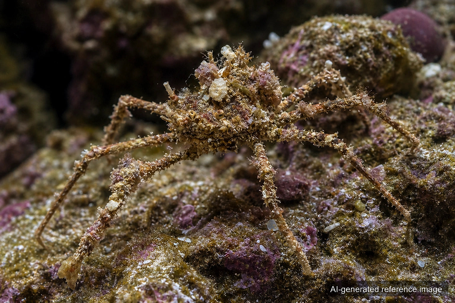 Camposcia retusa spider decorator crab on reef live rock - AI-generated reference image