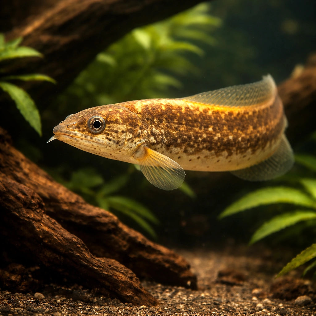 Spiny Eel — tropical fish for sale UK — AI hero driftwood view