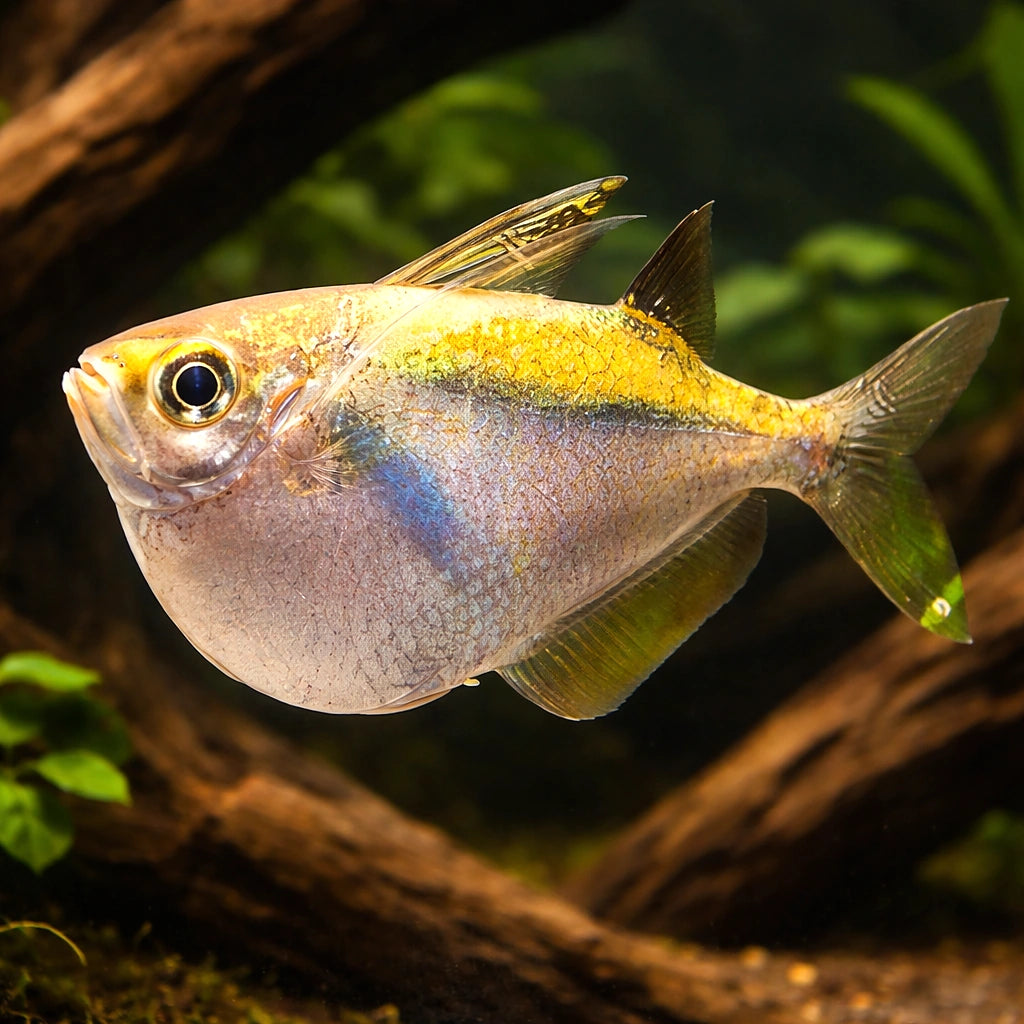 Spotfin hatchetfish — tropical fish for sale UK — AI hero driftwood view