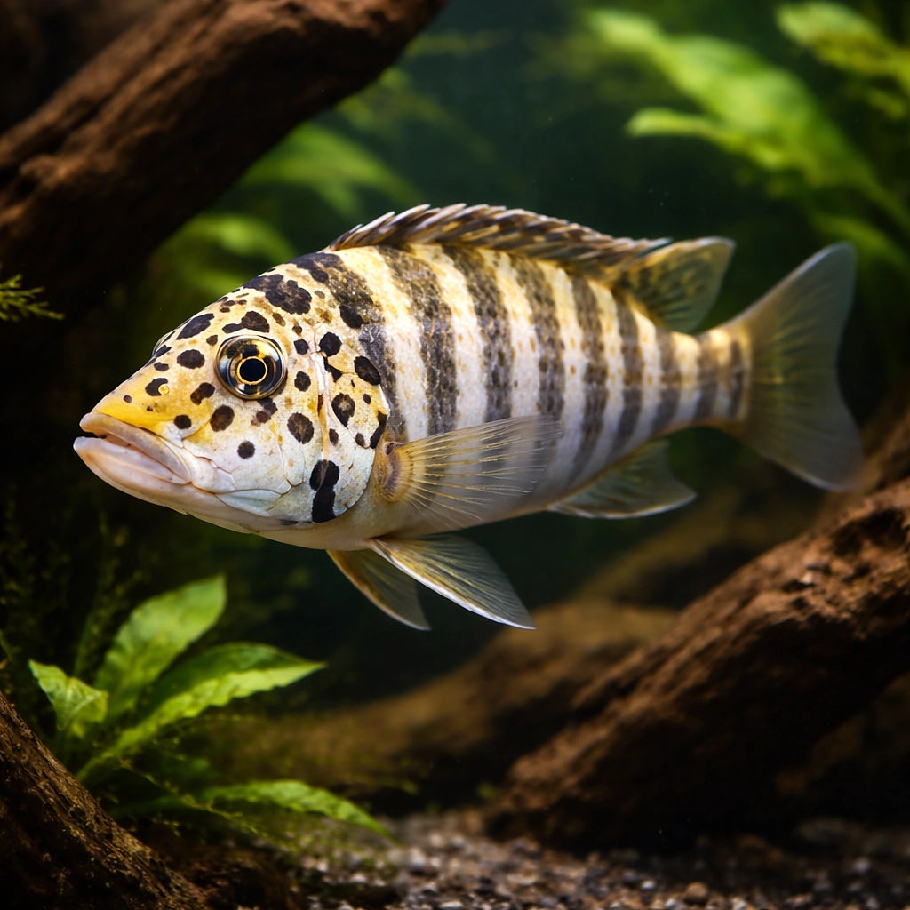 Spothead Hap, Red-Spotted M — tropical fish for sale UK — AI hero driftwood view