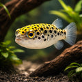 Spotted green pufferfish — tropical fish for sale UK — AI hero driftwood view
