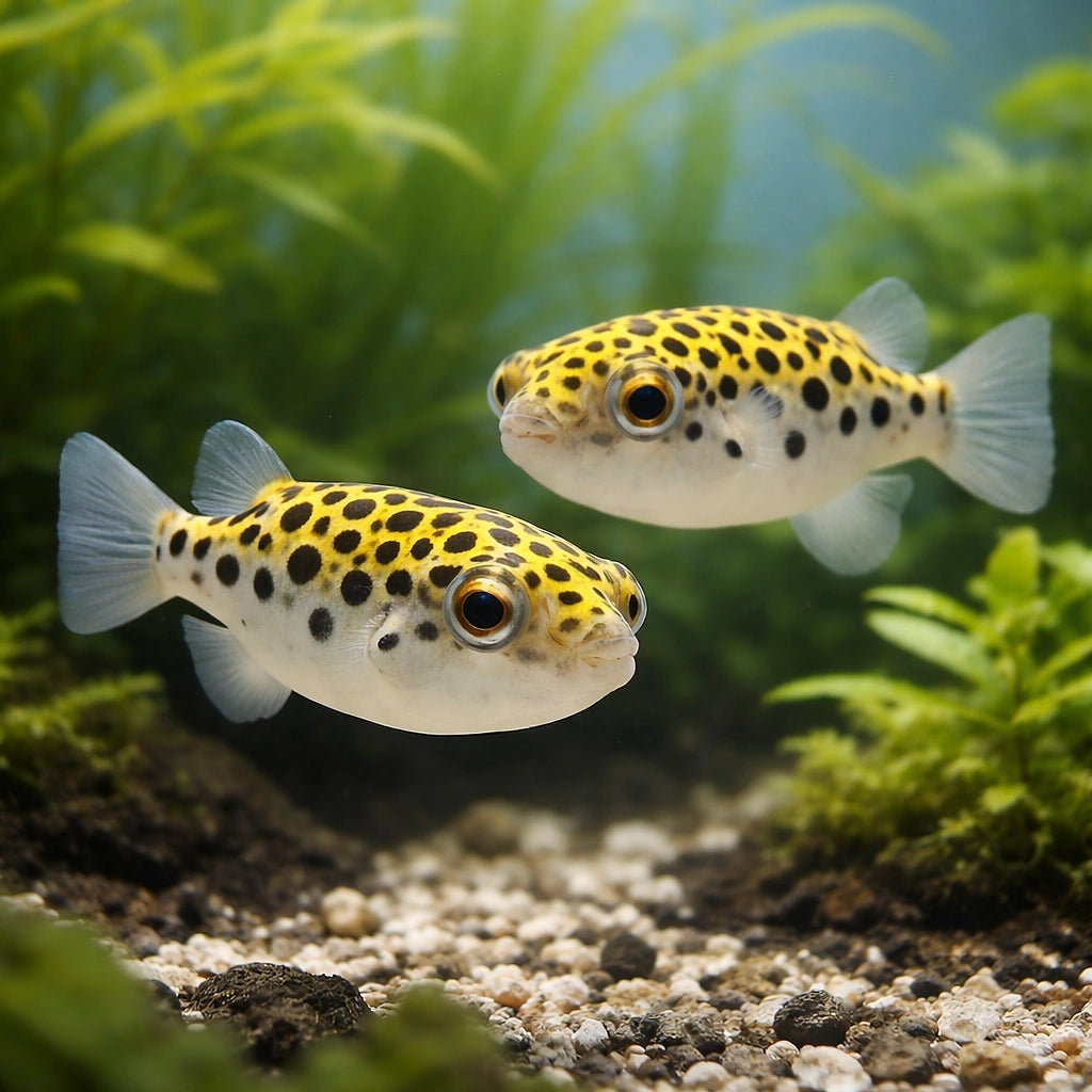 Spotted green pufferfish — tropical fish for sale UK — AI pair planted view