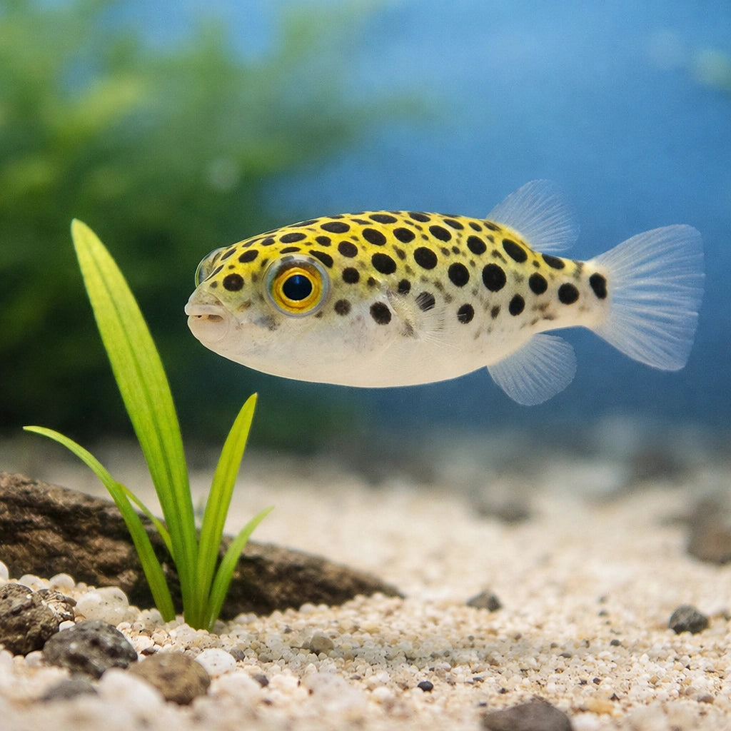 Spotted green pufferfish — tropical fish for sale UK — AI scale plant view