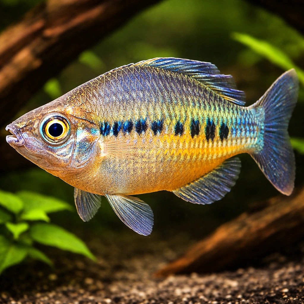 Spotted Rainbowfish — tropical fish for sale UK — AI hero driftwood view
