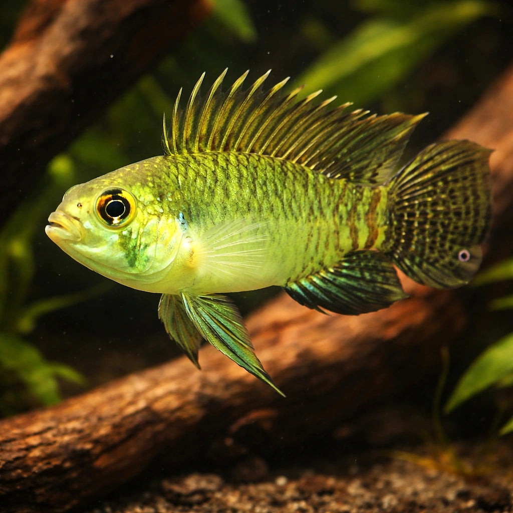 Staecki Dwarf Cichlid — tropical fish for sale UK — AI hero driftwood view